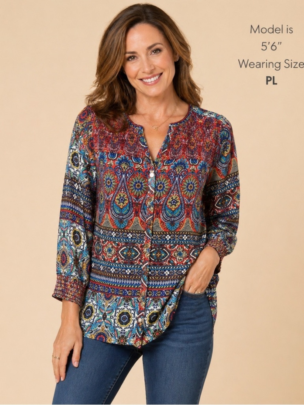 Jones New York Sport Petite Paisley Print Blouse Smocked Yoke Button Front PL
